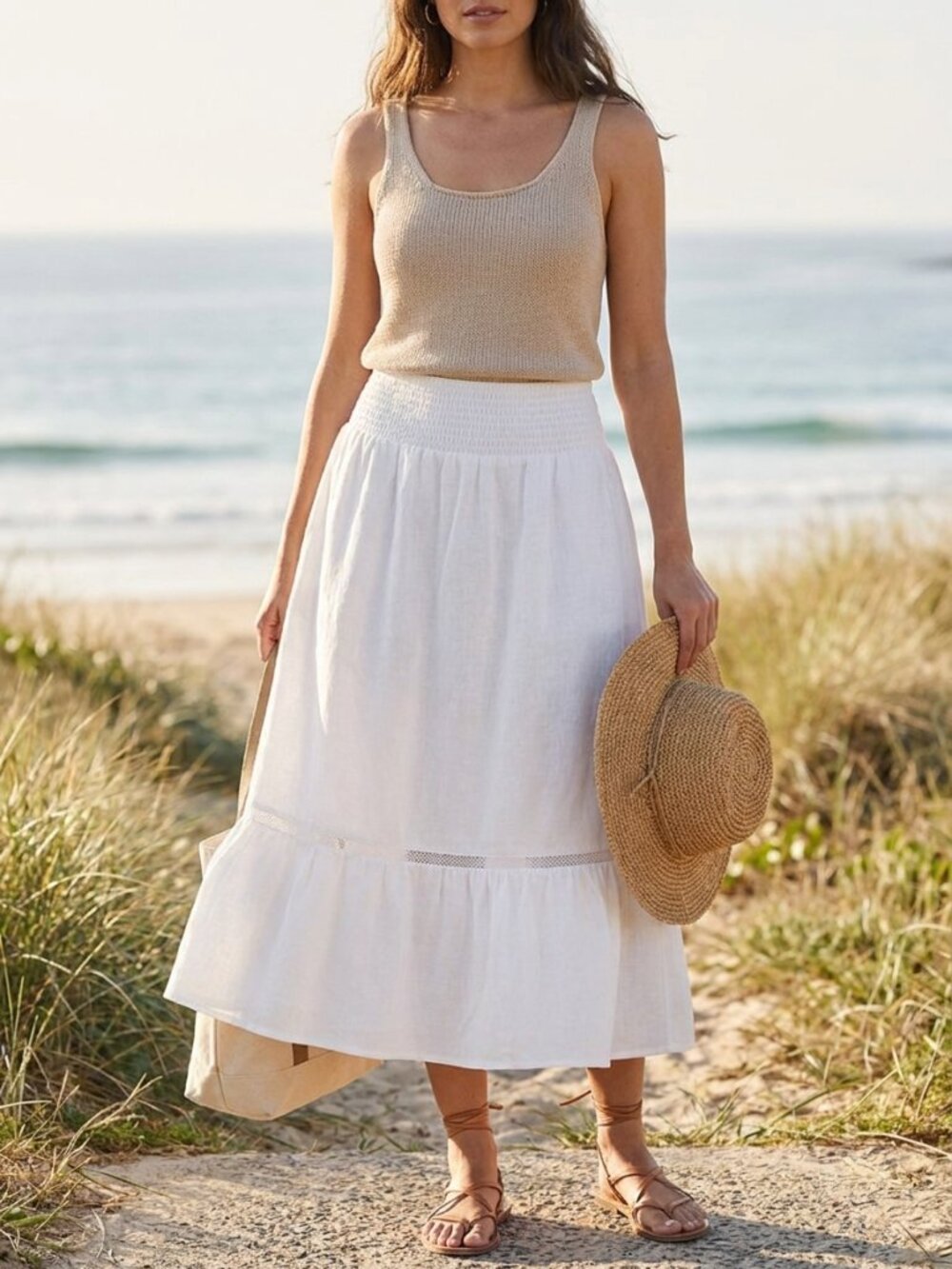 NWT Kirious Los Angeles White Cotton Midi Skirt Size M Smocked Waist Ruffle